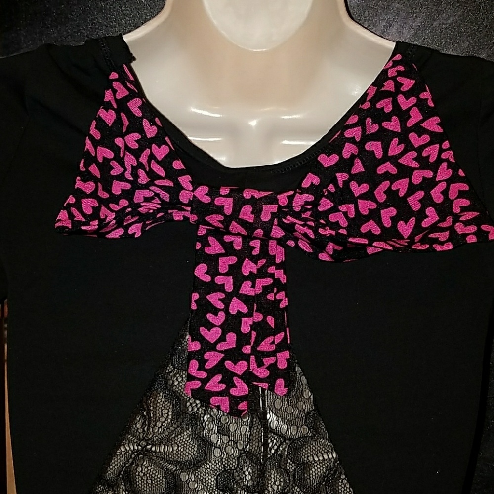 Too Fast Skeleton Bird Top w Black Lace Back Large Pink Polka Dot Bow - Picture 7 of 8